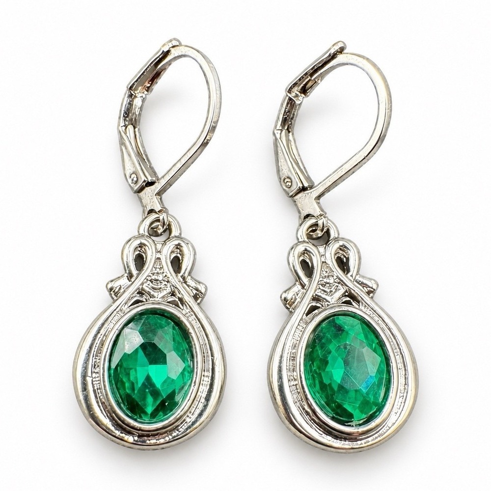 Green Oval Stone Teardrop Dangle Leverback Earrings Silver Tone Bezel Set